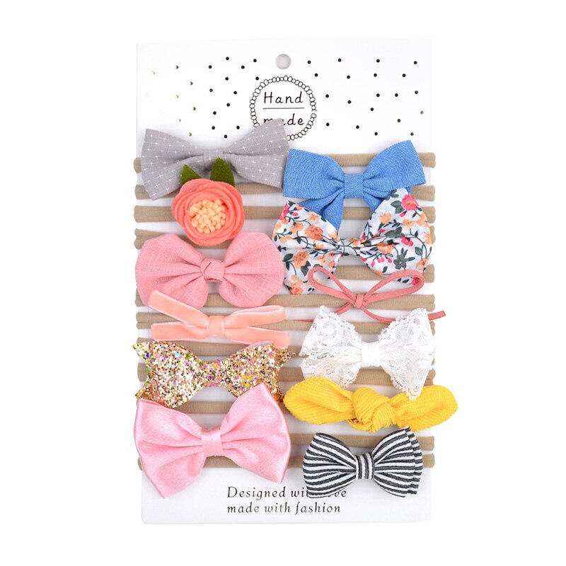 10/12 Pcs/Set Bows Bloem Zachte Nylon Elastische Pasgeboren Baby Meisje Hoofdbanden Strik Kant Bloemen Baby Haar Accessoires: 12pcs 02