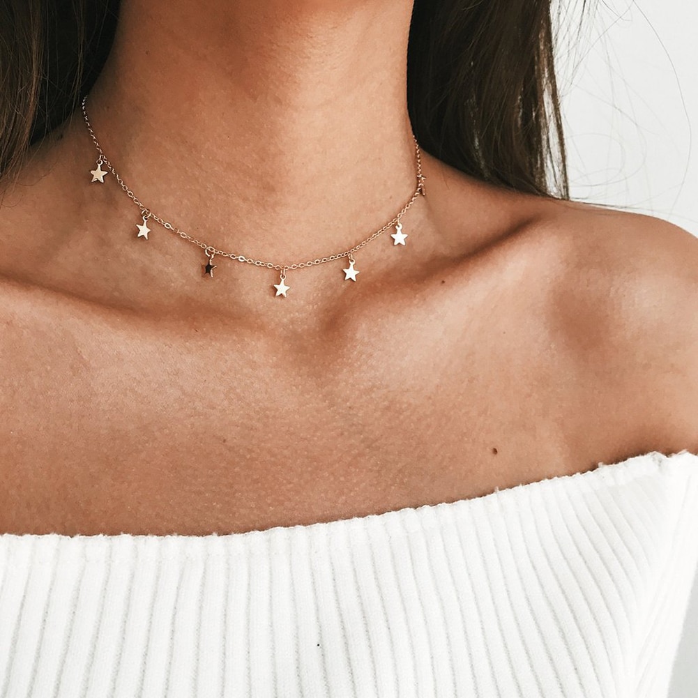 Goud Kleur Star Party Vrouwen Hanger Ketting Mode Vrouwelijke Choker Kettingen Sieraden Eenvoudige Dames Pentagon-Ster Sieraden