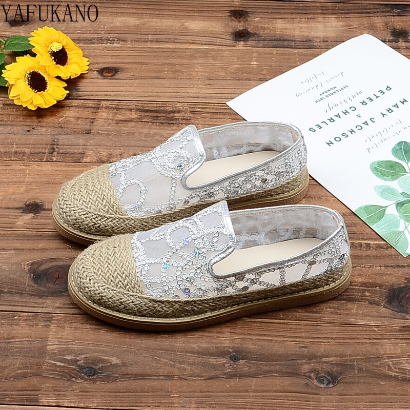 Mesh Sequins Fisherman Shoes Flat Womens Shoes Mori Girl Hemp Straw Weave Casual Sandals Literary Retro Breathable Comfort Flats: Silver / 40