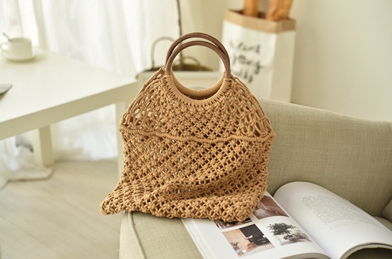 Women's Hollow Out Mesh Rope Weaving Buckle Travel Handbag