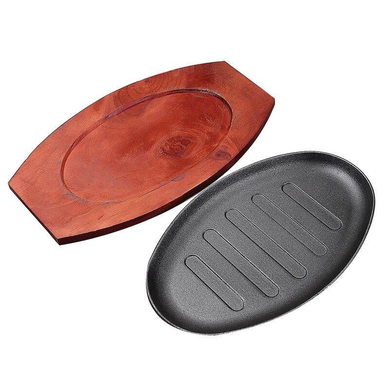 Kitchen Tools Dinner Plate Steak Sizzle Plate Cast Iron Sizzling Platter Serving Plate Wooden Base + Handle