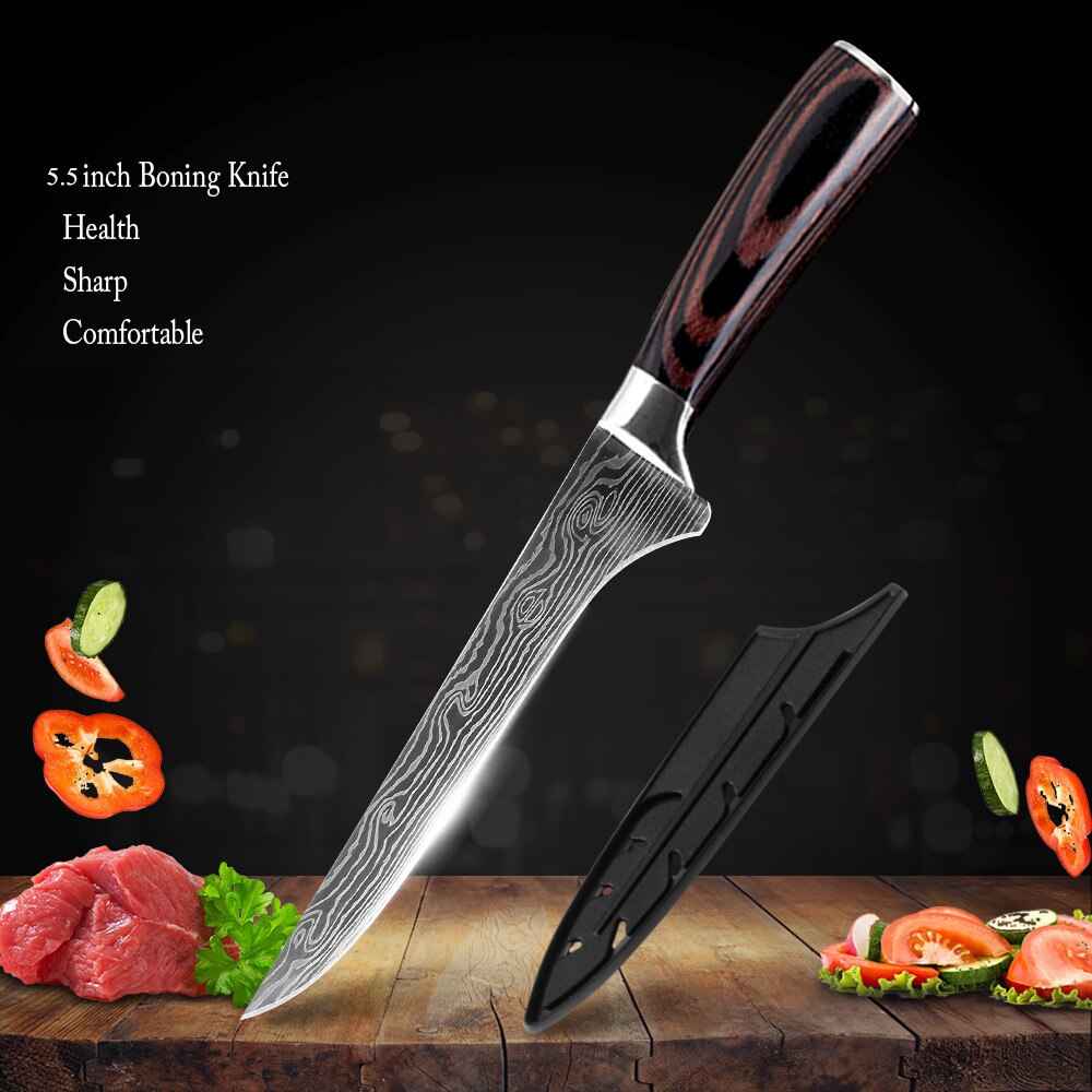 Damask Kitchen Chef Knives Set 7CR17 High Carbon Stainless Steel Sharp Utility Santoku Boning Damascus Pattern Cooking Tools: 5.5 inch Boning