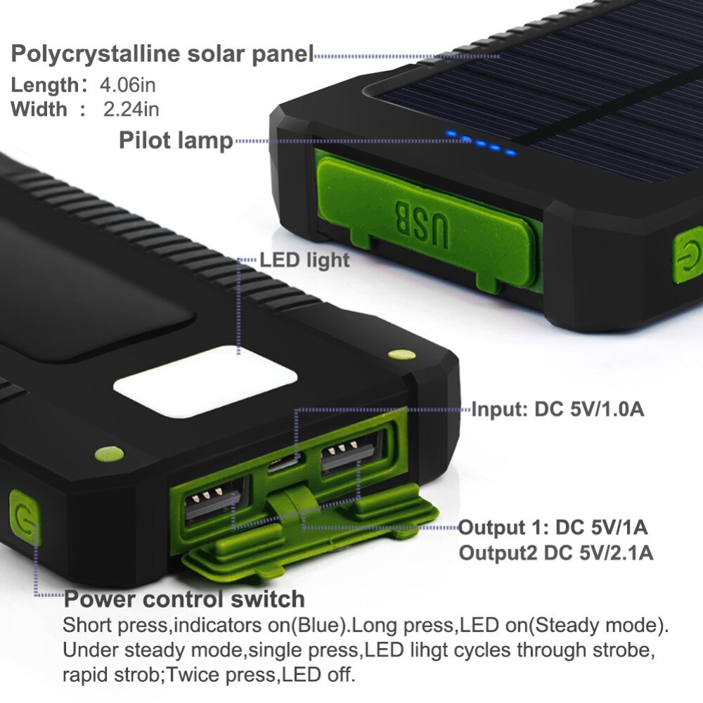 Top Sell Solar Power Bank Waterproof 20000mAh Solar Charger 2 USB Ports External Battery Charger Phone Poverbank with LED Light