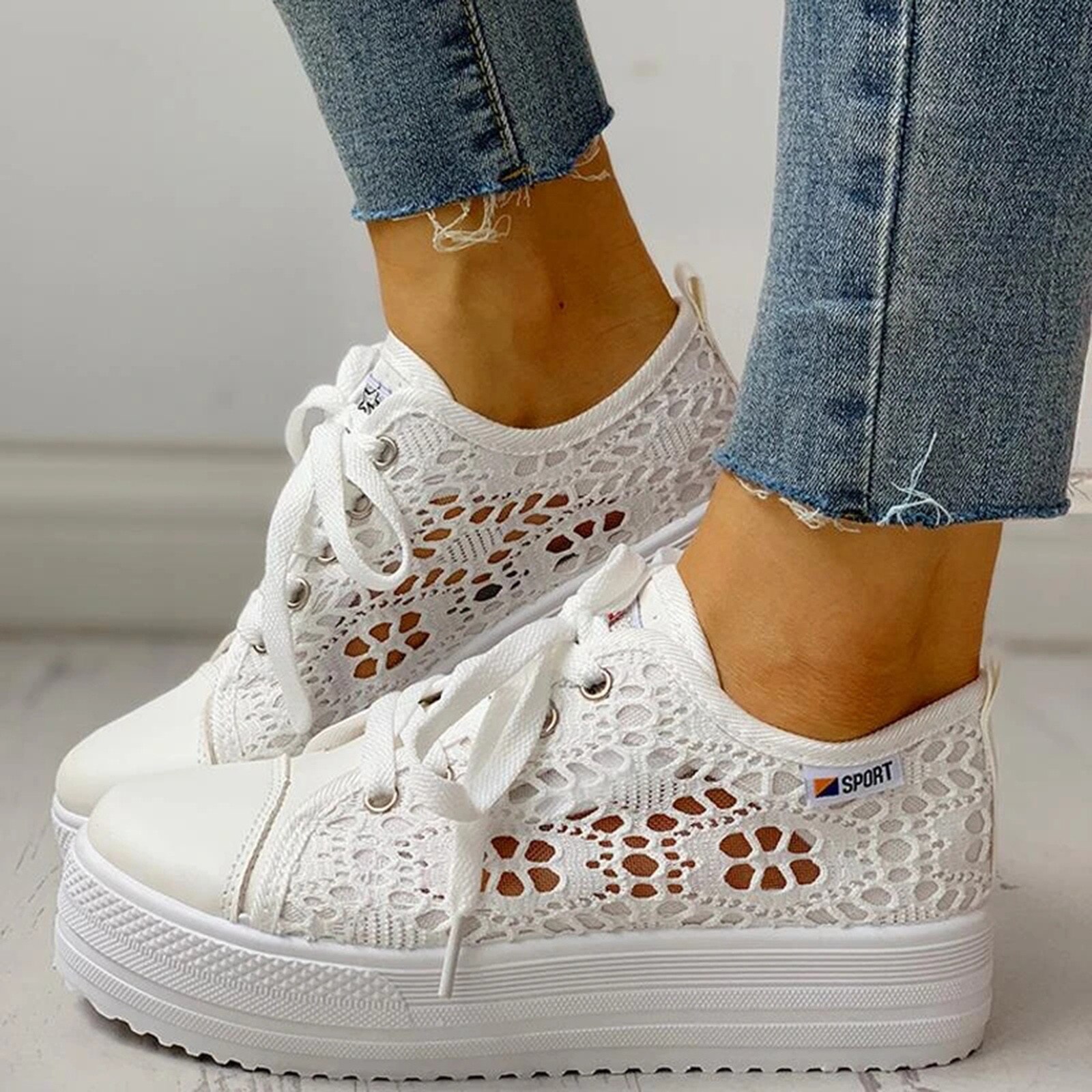 Vrouwen Mode Effen Kleuren Lace Casual Platte Mesh Ademend Platform Canvas Lace-Up Enkele Wandelschoenen Sneakers Schoeisel # G4