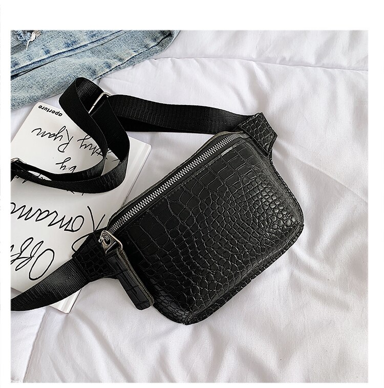 Casual Taille Tas Voor Vrouwen Alligator Lederen Fanny Pack Telefoon Pouch Borst Packs Dames Brede Band Riem Bag Vrouwelijke Crossbody flap: Black