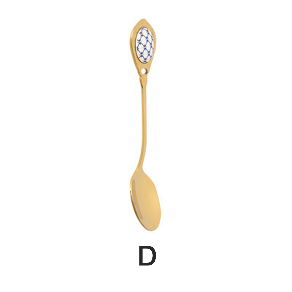Stainless Steel Spoons Ceramic Handle Tea Coffee Scoop Vintage Gold Plating Dessert Spoon High Grade Cake Scoop Tool: D
