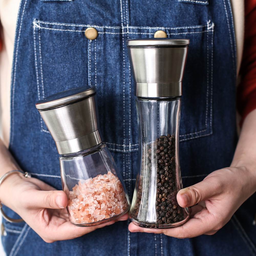 Stainless Steel Pepper Grinder Glass Body Spice Mills Shaker Handheld Seasoning Pot Salt Container Condiment Jar Cooking Tools