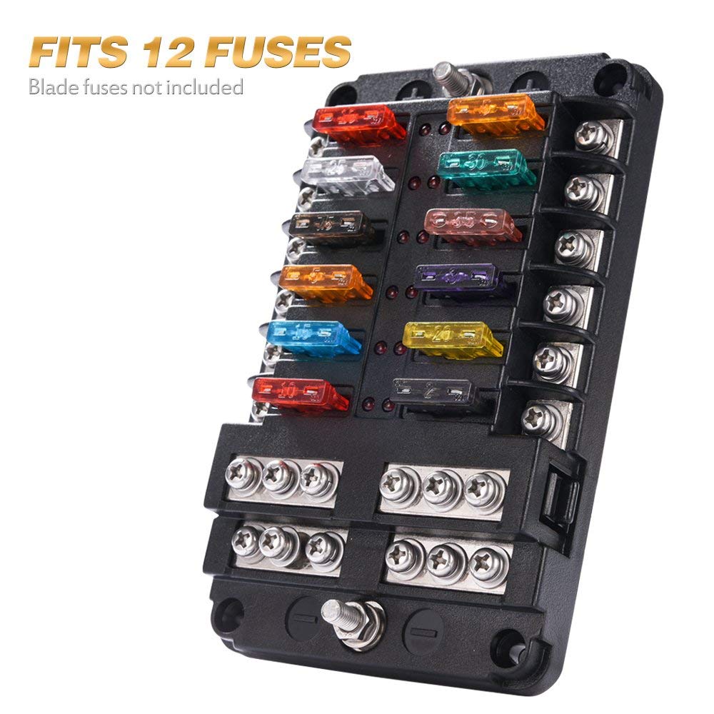 6 way/12 Way Blade Fuse Block with ATC/ATO Fuse Box Holder LED Warning Indicator Damp-Proof Cover for Car Boat Marine RV Truck