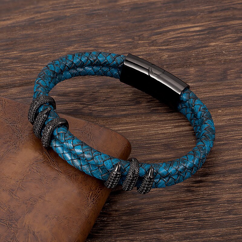 Herre armbånd i rustfrit stål vintage blåt læder guld drage klo punk smykker håndlavede reb tilbehør armringe