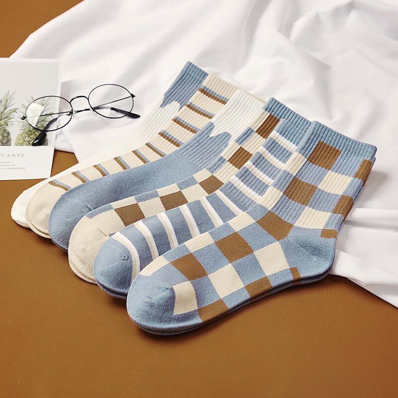 Women's Socks British Plaid Striped Socks Summer Comfortable Harajuku Patchwork Color Retro Long Socks Ladies