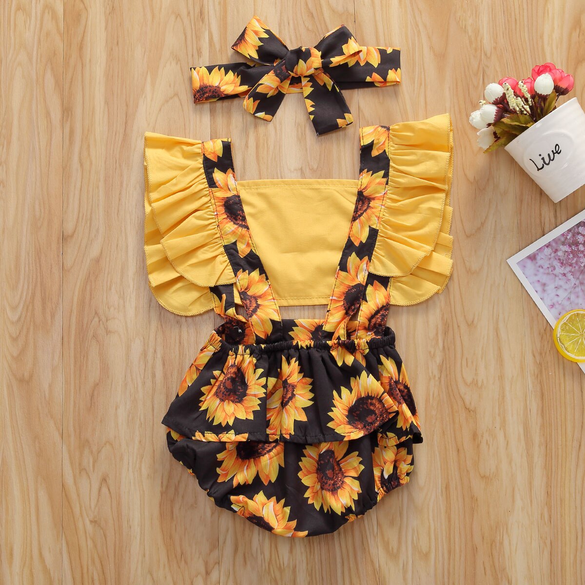 0-24M Infant Baby Girls Boys Sunflowers Bodysuits Ruffles Sleeve Print Summer Jumpsuits Headband