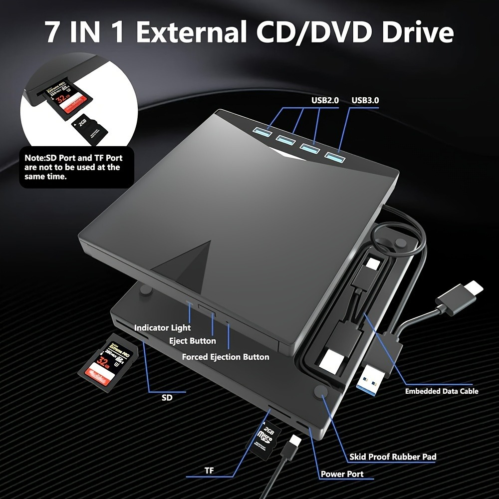 7-in-1 externes CD-DVD-Laufwerk mit 4 USB-A-Anschlüssen und TF/SD-Kartensteckplätzen für Laptop, MacBook, Desktop-PC, Windows 11/10/8/7, Linux Mac