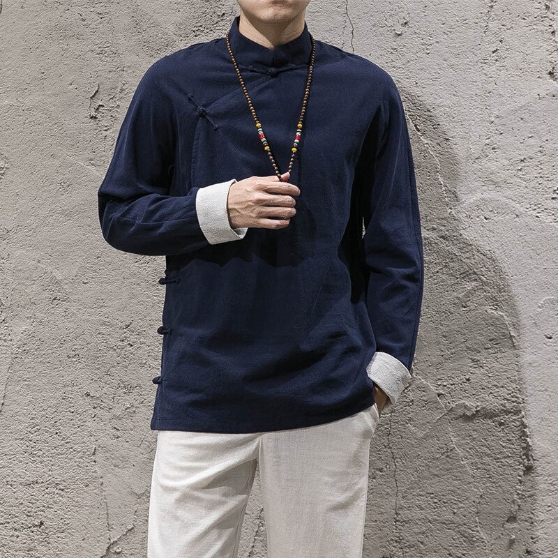 Tradisjonelle kinesiske klær for herre bomull lin tilfeldig mandarin krage skjorter hanfu kung fu tai chi master kostyme topper cn -135: Mørke blå / Xxxl