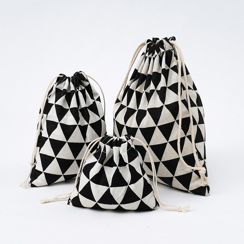 3Size Japanese Style Printed Drawstring Bag Draw Pocket Storage Geometric Black Triangle Pattern Farmhouse Style Sack Fabric Bag