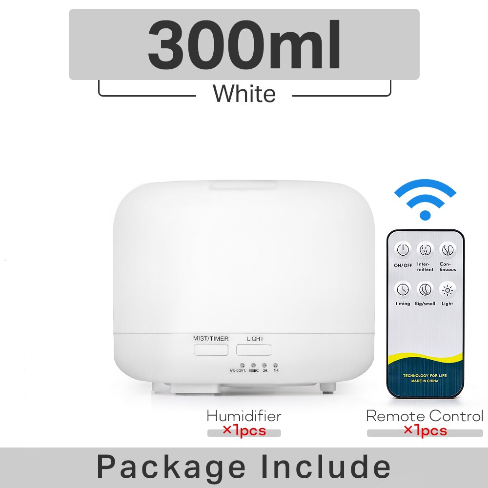 300 500ML Air Humidifier With Remote Control Colorful Non-printed Ultrasound Aroma Diffuser Pure White Dark Light Wood Grain: WHITE / AU