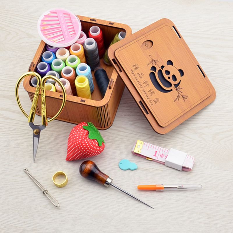 24 Kleuren Draagbare Naaigaren Naalden Tools Kit Met Bamboe Houten Organizer Box Diy Stiksels Craft Set