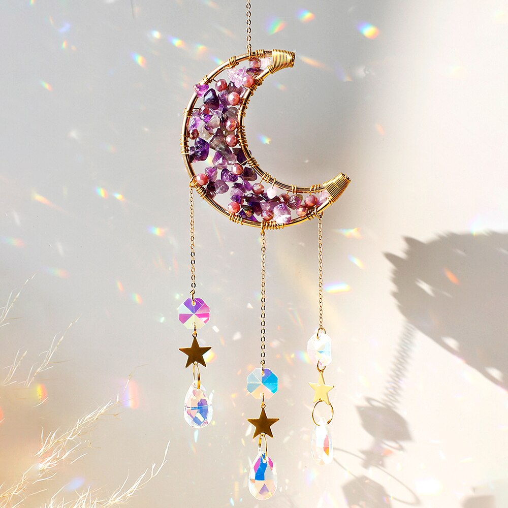 Atrapamoscas de Metal para decoración de pared, Prisma de bola de cristal, Luna, artesanía de arcoíris para ventana de coche, cristales colgantes para jardín: suncatcher M01157