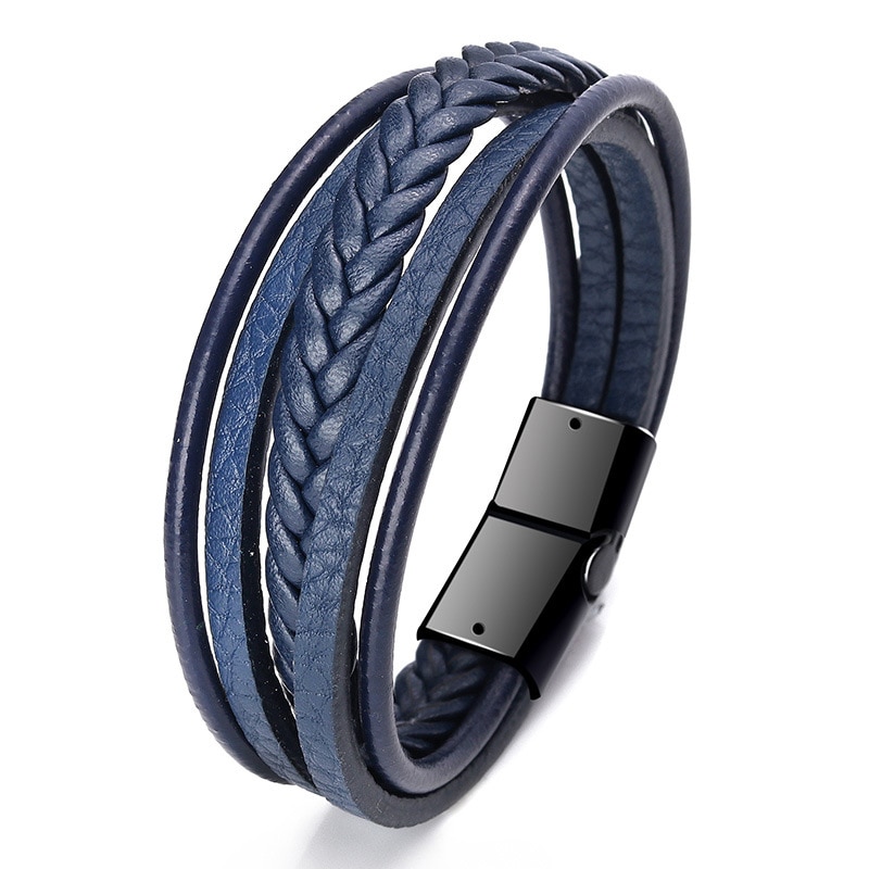 Niuyitid mænds blå læder armbånd flerlags magnet knap mandlige smykker til kvinder: Blå sort