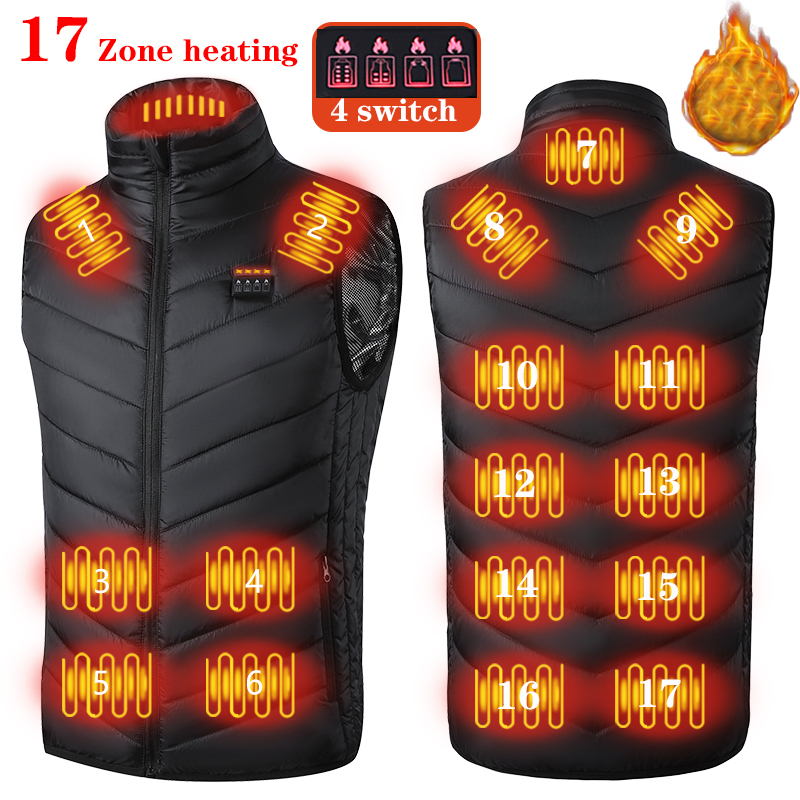 Chaleco calefactable de 17/13 lugares para hombre y mujer, chaqueta con calefacción por Usb, ropa térmica, chaleco de caza, chaqueta calefactora de invierno, BlackS-6XL