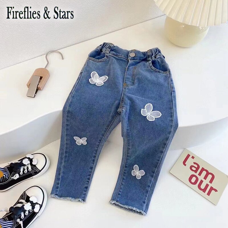 Primavera autunno ragazze pantaloni di jeans pantaloni svasati per bambini pantaloni per bambini pantaloni per bambini moda 3D maglia farfalla Patch da 2 a 8 anni: 3T