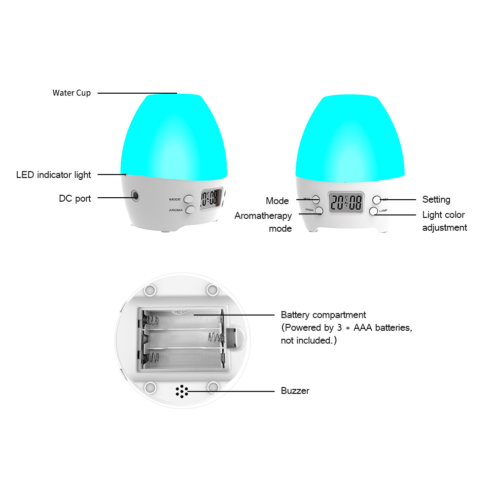Nuova sveglia 3 in 1 diffusore di aromaterapia luce notturna colorata con schermo LCD per sala studio camera da letto per bambini