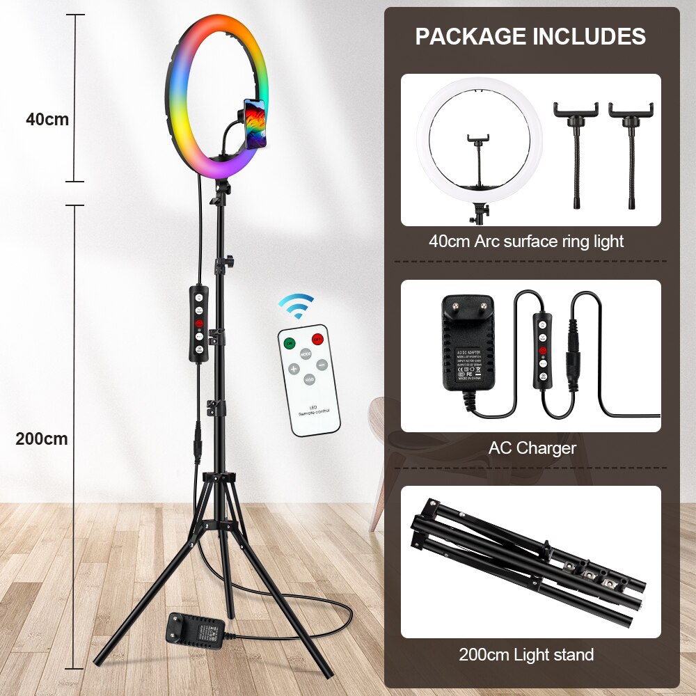 16 Inch Rgb Ring Licht Led Selfie Ring Licht Met 3 Telefoon Clips 200Cm Statief Stand Fotografische Verlichting Video live Vullen Lamp: 16-AC Stand
