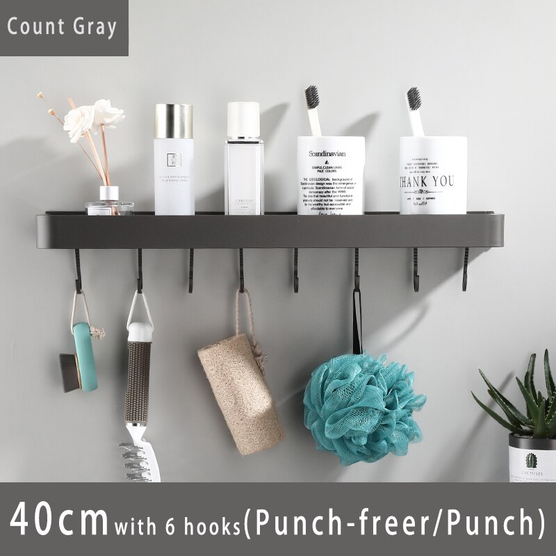 Bathroom Shelf Bath Shower Shelf with Hook Bar Bath Shampoo Holder Bathroom shelf Black Aluminum Kitchen Storage holder: 40cm 6hooks