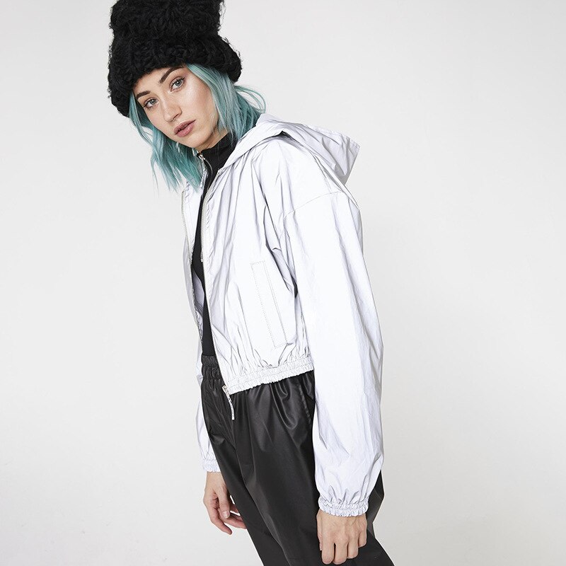 NCLAGEN Herfst Mode Reflecterende Bomber Jassen Vrouwen Zip Up Hooded Sportkleding Windscherm Cropped Tops Meisjes Casual Jassen