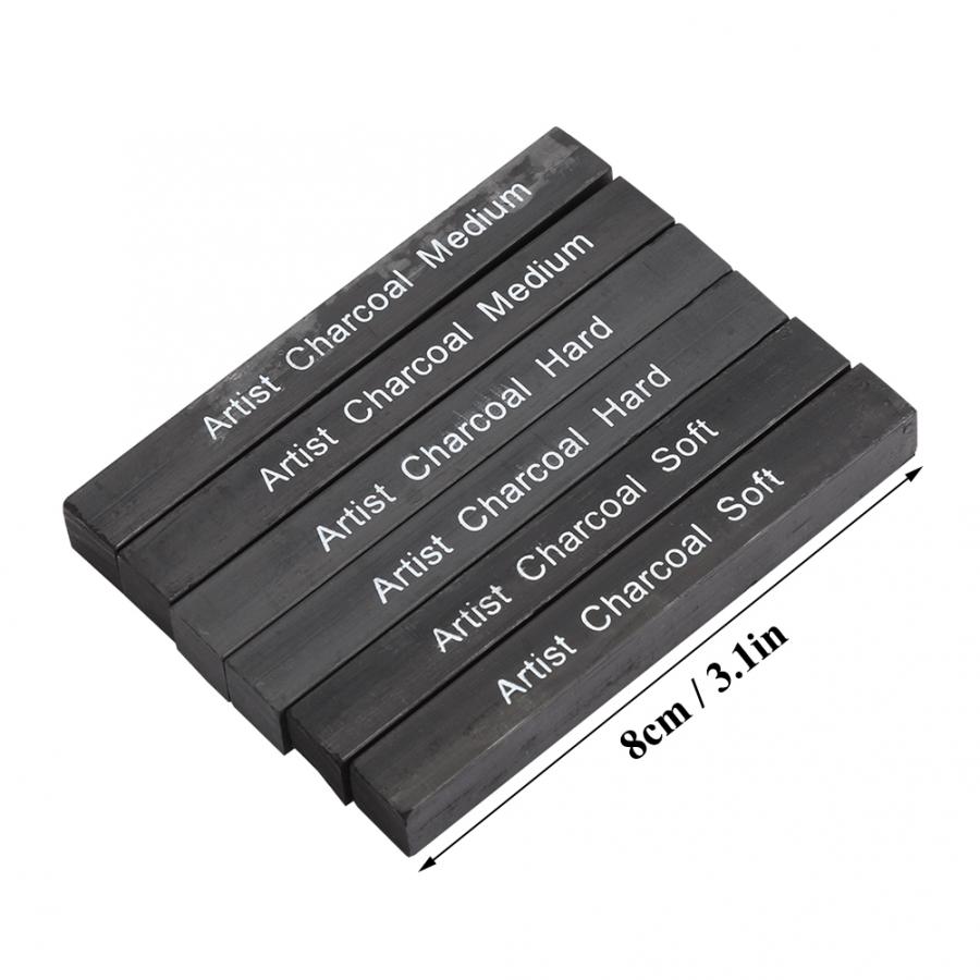 6Pcs Compressed Charcoal Sticks Black Square Soft/Medium/Hard Graphite Drawing Pencil Art Supplies Compressed Charcoal Sticks