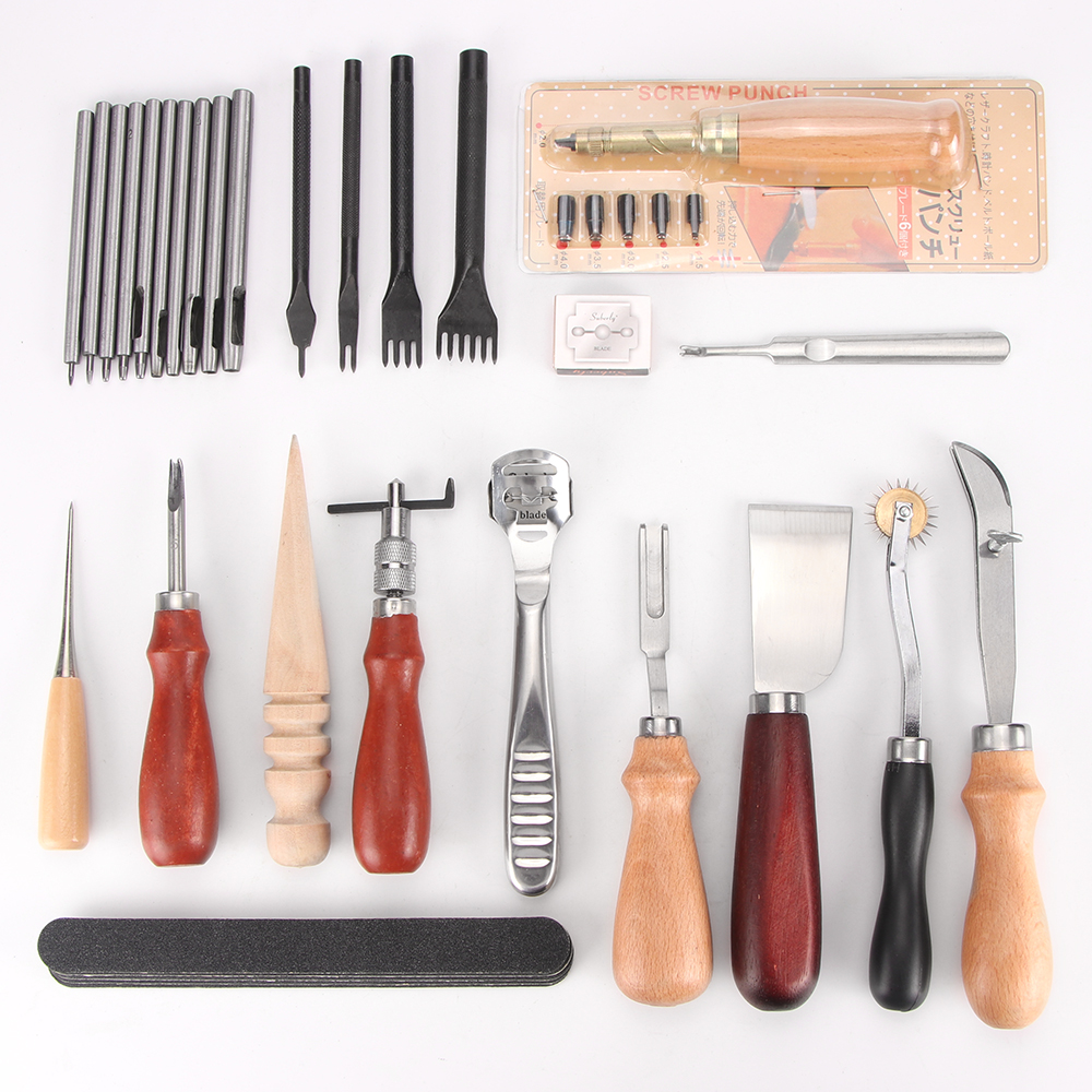 31 Pcs DIY Leather Craft Tool Set Beginner Leather Work Kit Sewing Carving Stiching Punch Trenching Cutting Knife