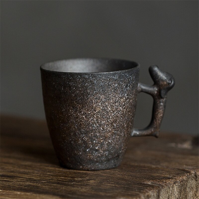 Japanese Vintage Tea Cup Ceramic Travel Coffee Mug China Coarse Pottery Water Cup with 3D Dog Handle Anniversary: B