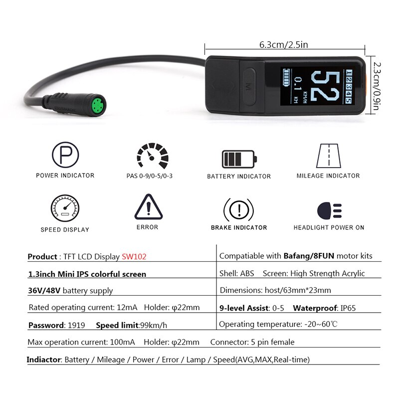 SW102 Mini LCD Display Speed Battery Power Indicator For Electric Bicycle Bafang 8FUN Mid Hub Motor 36V 48V 52V 60V 750W E-bike