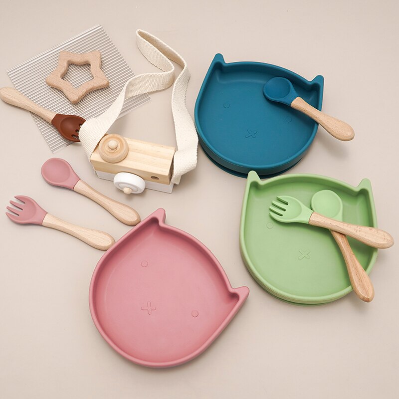 Am azon 100% de alimentaire chat forme bol sécurité aspiration Silione cuillère bébé alimentation ensemble enfant en bas âge de noël