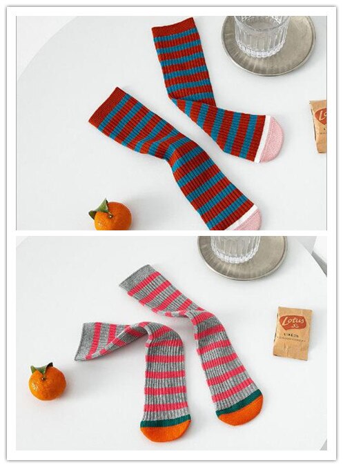 Chaussettes sans talon pour enfants de 1 à 8 ans, lot de 2 paires, pour étudiants, droites, rayées, couleur assortie, printemps: 4