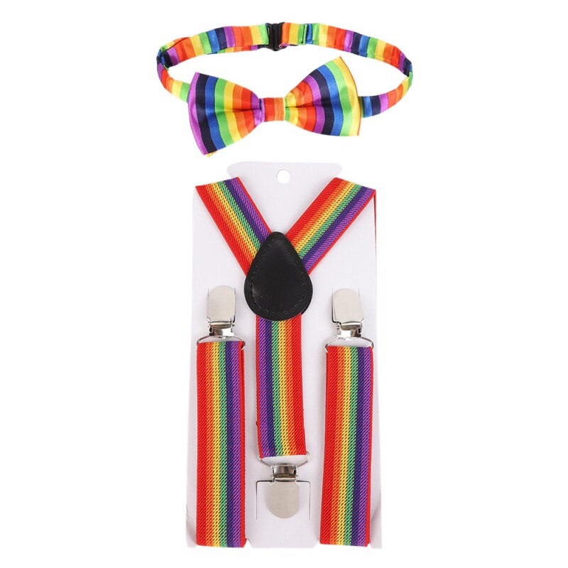 2pcs British Style Kids Suspenders Children's Adjustable Braces Elastic Band And Students Rainbow Striped Bow Tie Kit: Suspenders Sets 04