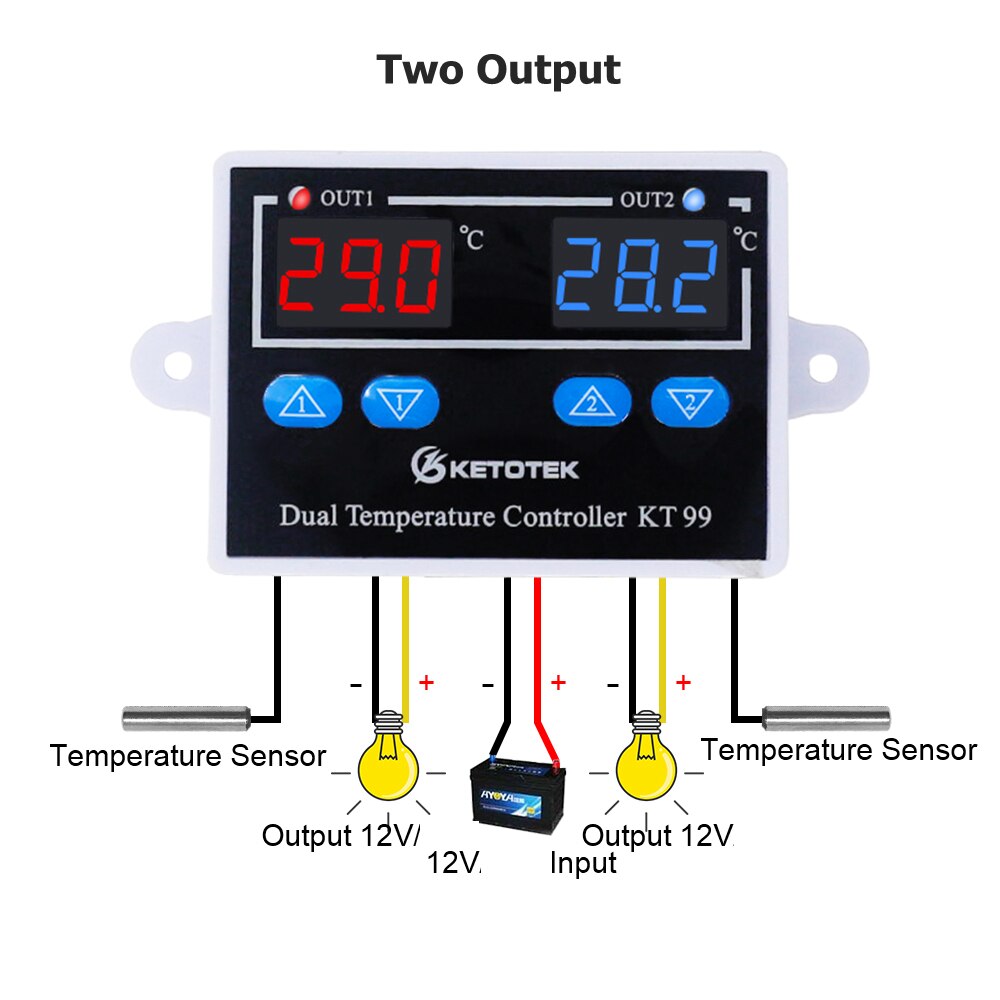 Digital Thermostat Regulator KT99 AC 220V 12V 24V 10A Direct Output Microcomputer Temperature Controller Switch NTC/K Sensor: 12V two output