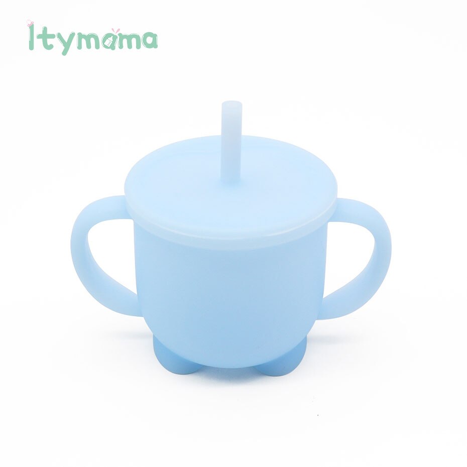Tazas de alimentación para bebés, taza de aprendizaje para beber de silicona, con asa, tapas de silicona sólidas: Azul