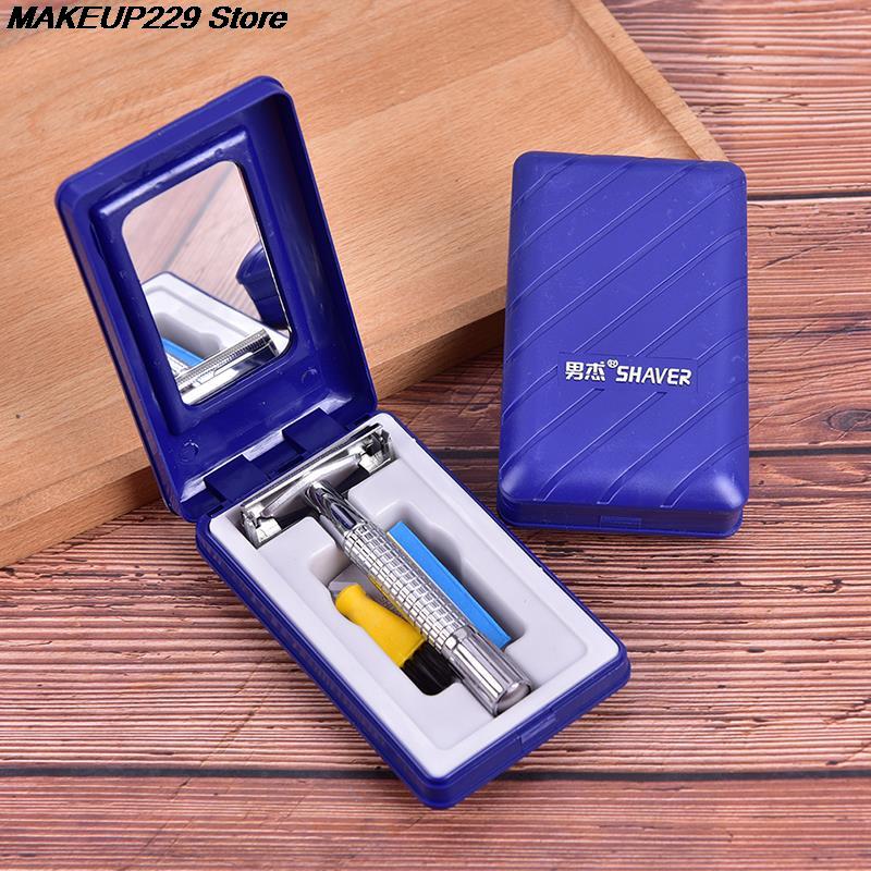 Manual Razor+ 1 Blade +1 Travel Case Beard Hair Care Men's Traditional Double Edge Chrome Wet Shaving Safety Razor