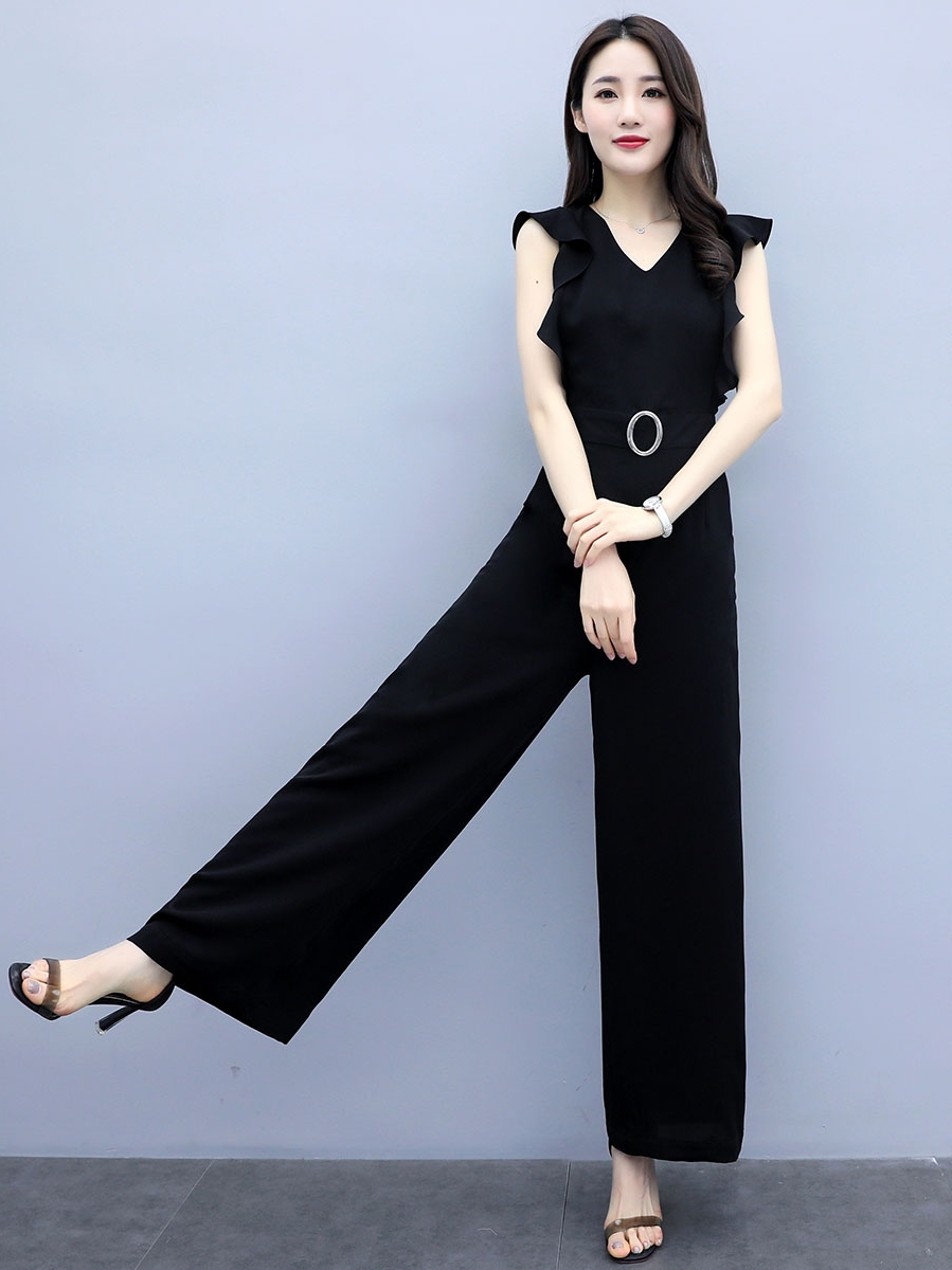 Zwarte Elegante Office Lady Solid Ruffle Mouwloze Rompertjes Zomer Werkkleding Vrouwen Jumpsuits