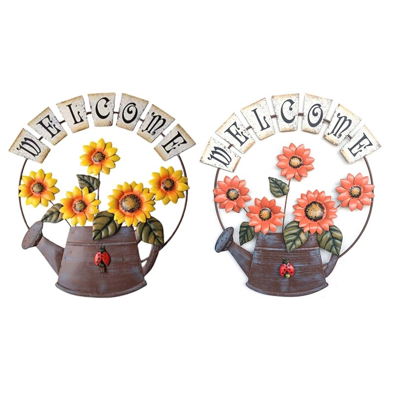 Garden Welcomeing Signs Metal Hanging Yard Art Decorative Outdoor Garden Signs Sunflower Outside Hand-Painted Decor