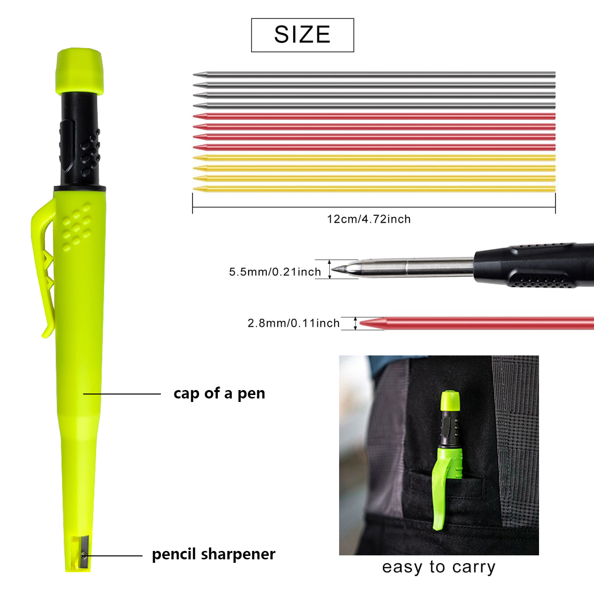5 Colors 2.8mm Woodworking Automatic Pencil with Protective Cover Pencil Sharpener 2B Multi-Color Lead Deep Hole Marking Pen