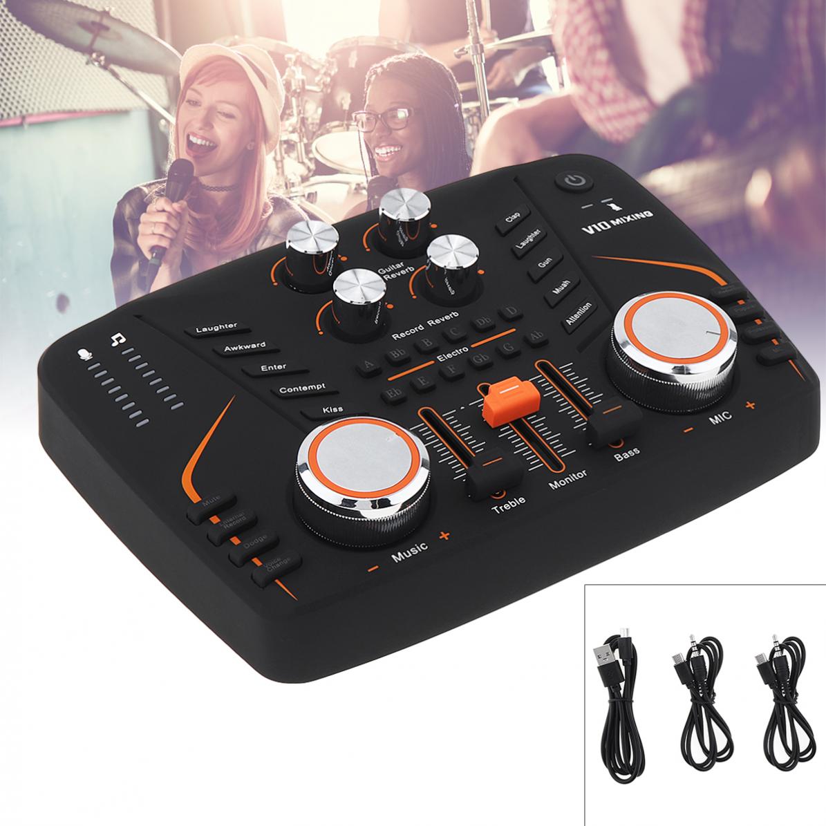 V10 Live Sound Card Live Audio Processing Microphone Sound Card Audio Interface for Live / Karaoke / Singing / Computer