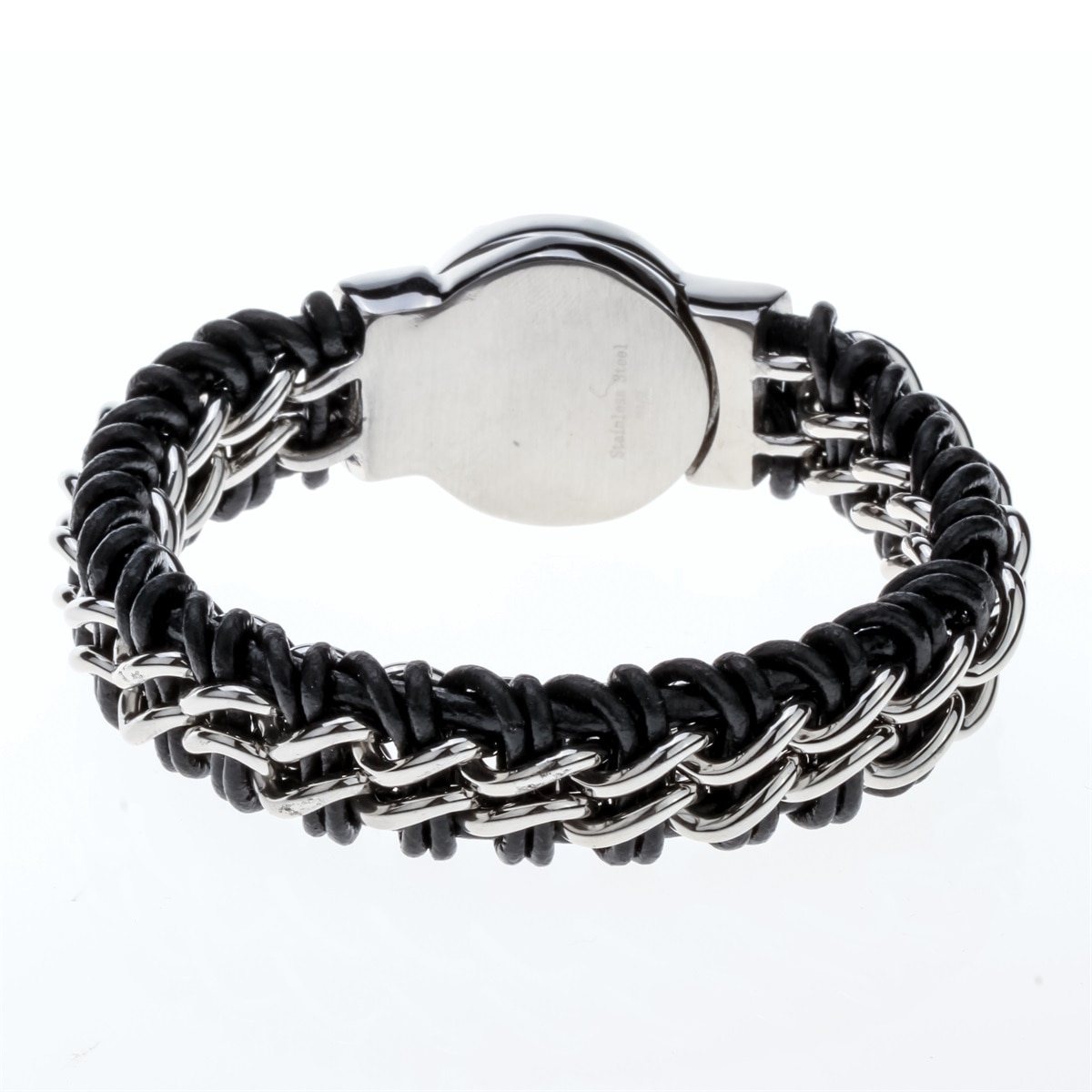 Mens black leather stainless steel gold silver color wolf chain link bracelet heavy jewelry birthday for dad him 9" D073