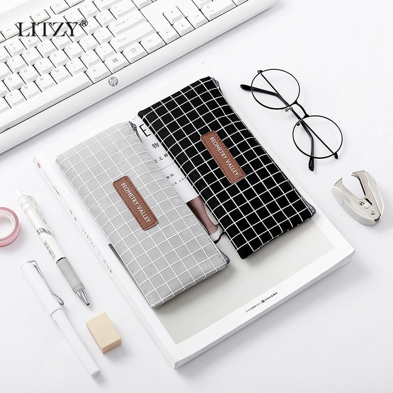 Canvas Pencil Case for School Cute Pen Bag Simple Striped Grid Pencilcase Pen Box Stationery Pouch School Office Supplies