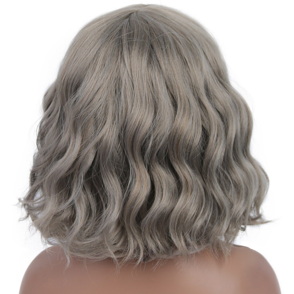 MODERN QUEEN 12" Short Water Wave Wig with Bangs Mix Grey Synthetic Wigs for Women Brown Cosplay Bob Wigs Female Daily Party