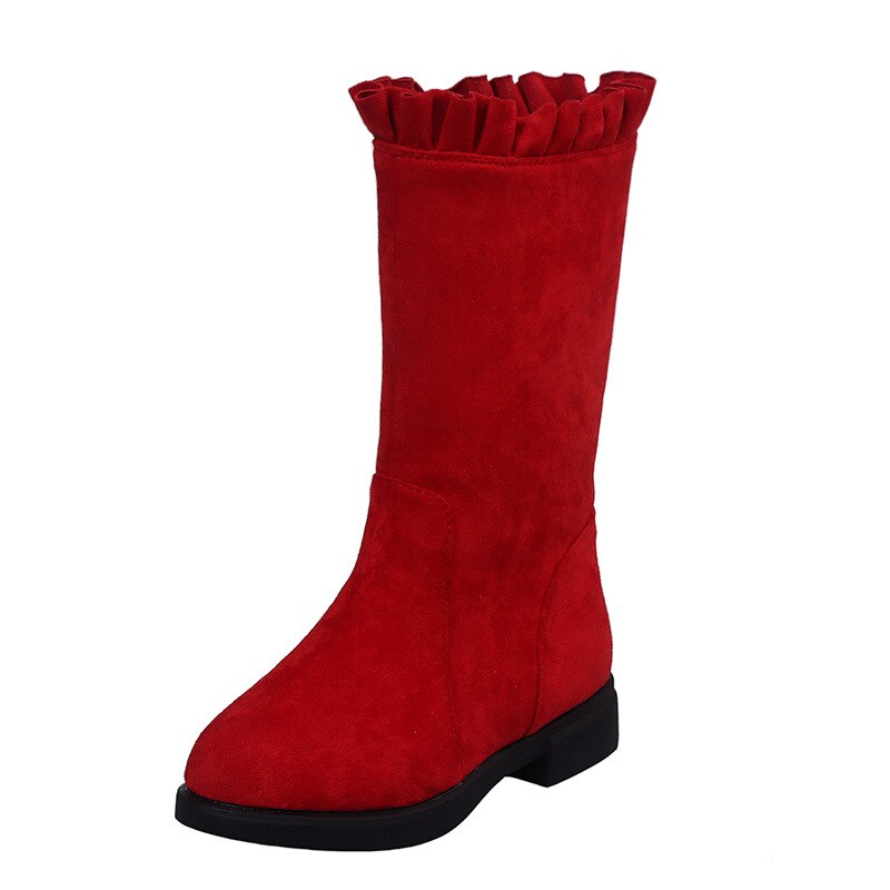 Meisjes Herfst Winter Mid-kalf Laarzen Suede Leer Mode Prinses Ruches Laarzen antislip Ronde Teen Platte Studenten botas Schoenen: Rood / 37