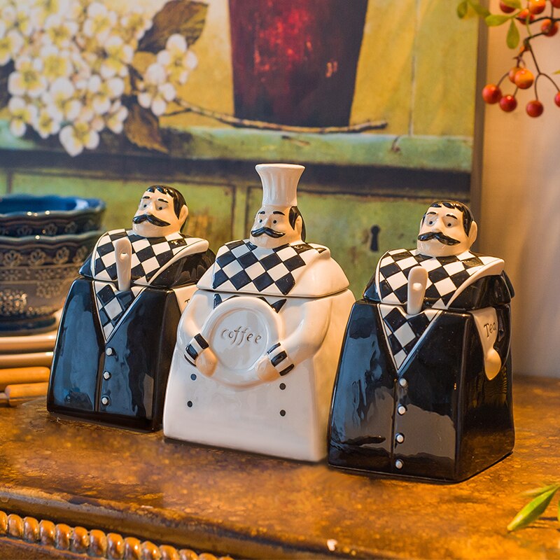 Funny European Ceramic Cartoon Chef Seasoning Jar Salt Sugar Bean Candy Cans MSG Jar with Lid Oil Bottle Kitchen Accessories: 3PCS