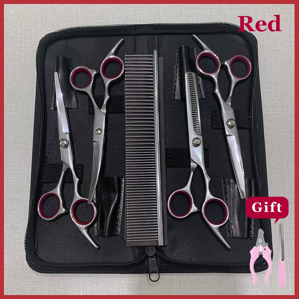 Pet scissors Straight &Thinning & Curved scissors 3pcs set +comb for dog grooming dogs shears hair cutter 7.0 inch: red-x4