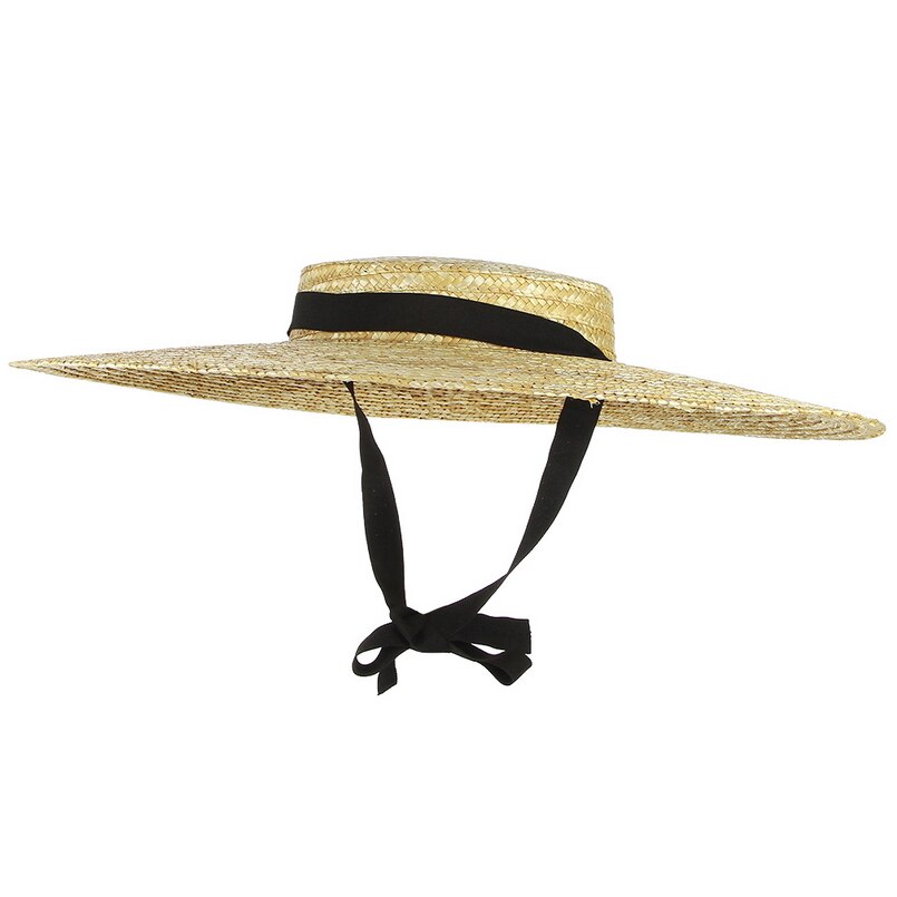 Gemvie stråhat med stor skygge sommerhatte til kvinder bånd strandkasket boater flad top solhat: Sort / 15cm rande