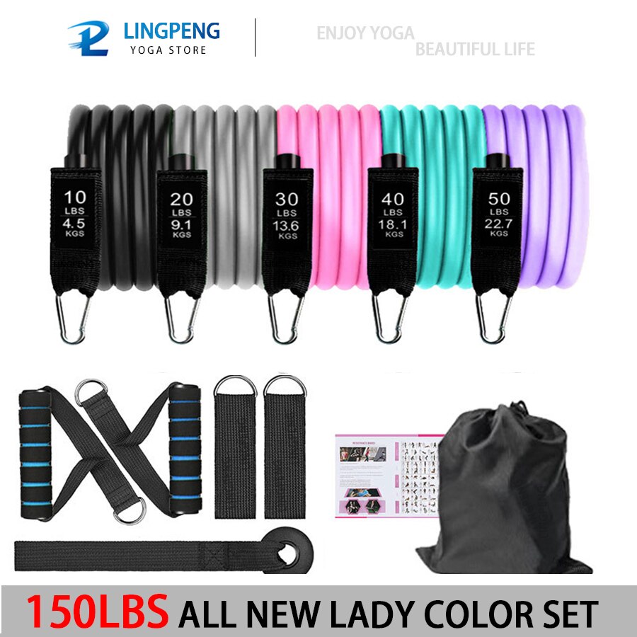 250LBS Set Workout Bands Exercise Bands 5 Tube Fitness Bands with Door Anchor Handles Legs Ankle Straps and fitness stick: 150LBS LADY SET